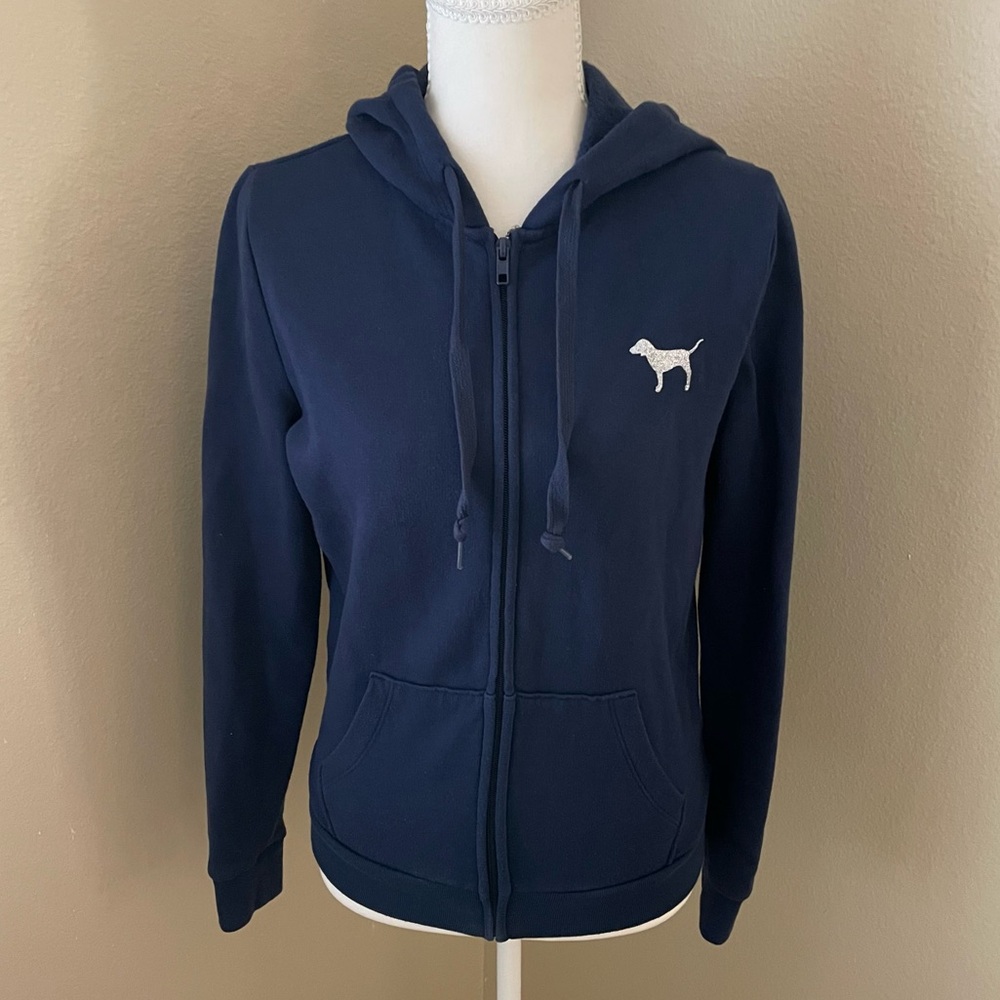 Victoria’s Secret PINK Zip Up Hoodie Navy With Silver Glitter Graphic